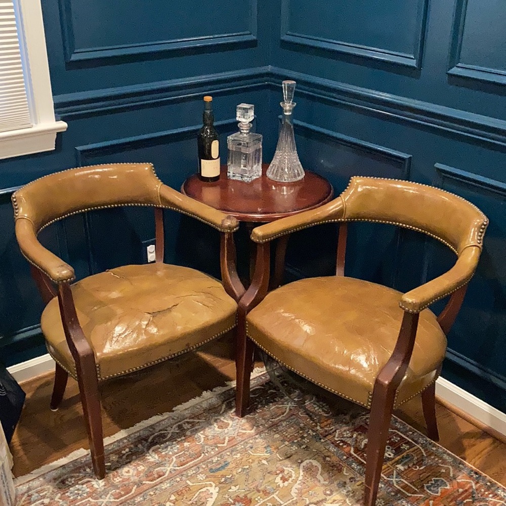 SOLD Handcrafted Bankers Chairs With Original Leather And Nailhead Detail